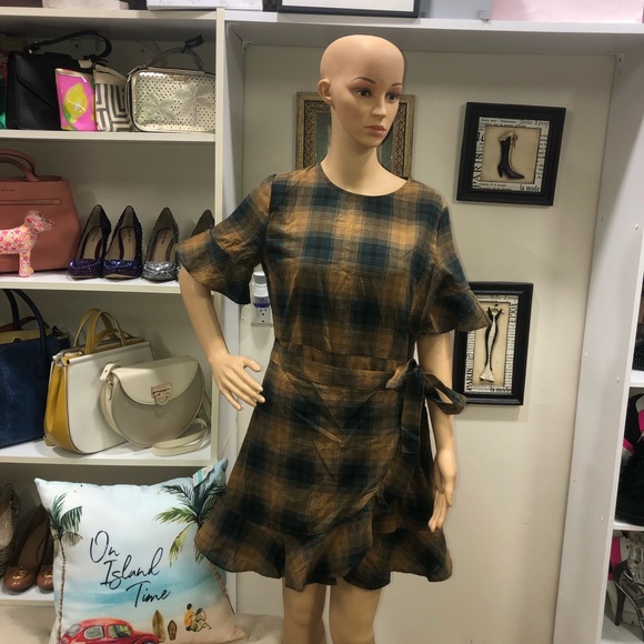 Day To Day Blu Pepper NWT! Darlah Green/Yellow Plaid Wrap Waist Tie Ruffle Dress - Picture 1 of 13